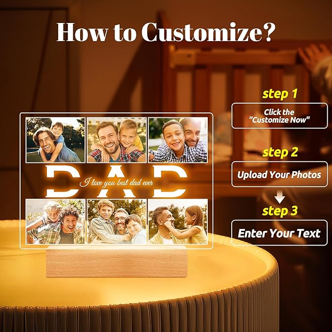 Personalized Birthday Gifts for Dad from Daughter Son, Custom Picture Frames with Photos, Customized Photo Frame with Night Light, Personalized Photo Gifts for Dad Baby Kid Family