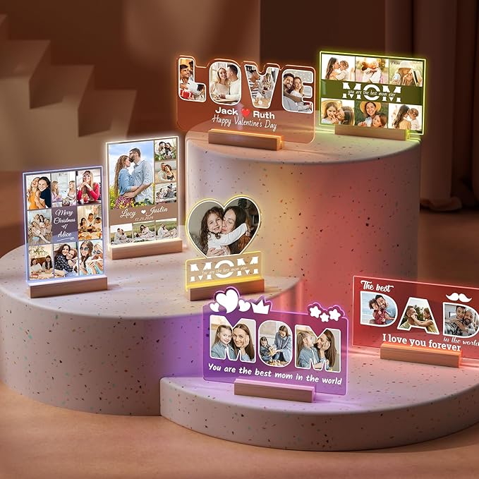 Custom Picture Frames with Photos, Customized Photo Frame with Night Light, Personalized Picture Frame, Personalized Anniversary Birthday Gifts for Women Men Him Her Girlfriend Boyfriend Couples