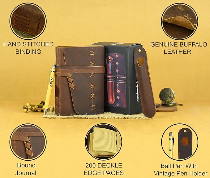 Leather Journal Notebook for Men & Women Daily Vintage Leather Bound Journal Travel Notebook 200 Deckle Edge Lined Paper Diary Writing Journal Travelers Scrapbook Poetry Sketchbook Leather Gifts with