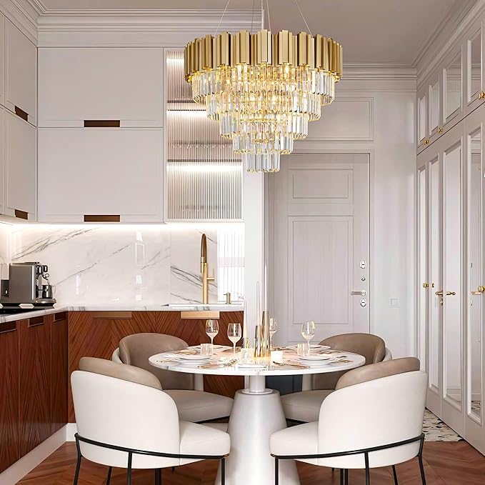 Modern Crystal Chandelier, 27.5" Gold Chandelier for Dining Room, 9-Light Luxury Round Chandeliers, 5-Tier Contemporary Light Fixture for Living Room, Bedroom, Foyer, Entryway