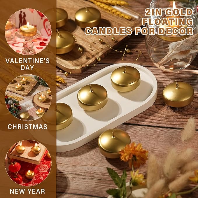 2 inch Gold Floating Candles, 48 Pack Unscented Floating Candles for Centerpieces,5-6 Hours Water Activated Candle Bulk for Cylinder Vases Wedding Pool