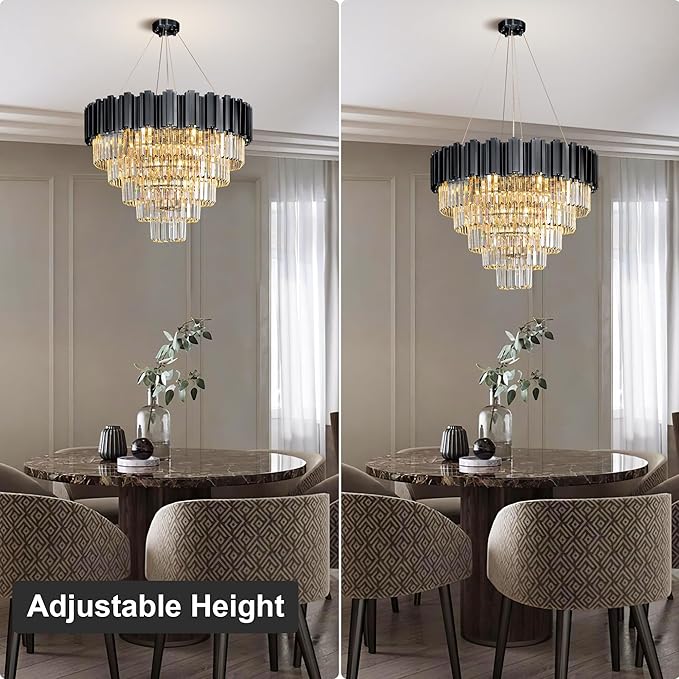 27.5" Black Crystal Chandelier, 9-Light Modern Luxury Round Chandelier, 5-Tier Contemporary Tiered Chandeliers Light Fixture for Dining Room, Living Room, Bedroom, Foyer, Entryway, Kitchen