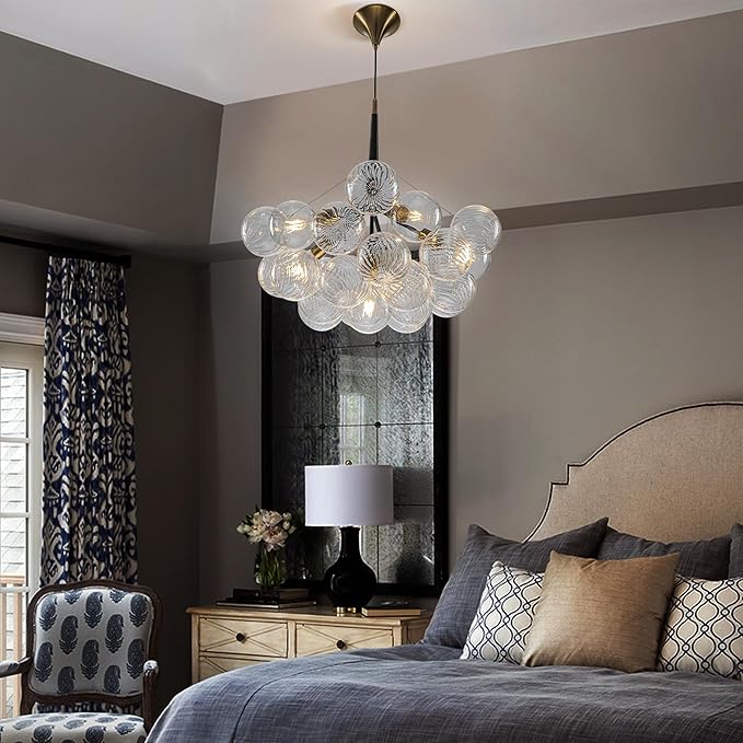 Modern Bubble Ball Swirled Glass Chandelier, Dia 24 inch Black and Clear Globe Blown Glass Small Ceiling Lights Fixture for Bedroom Study Restaurant