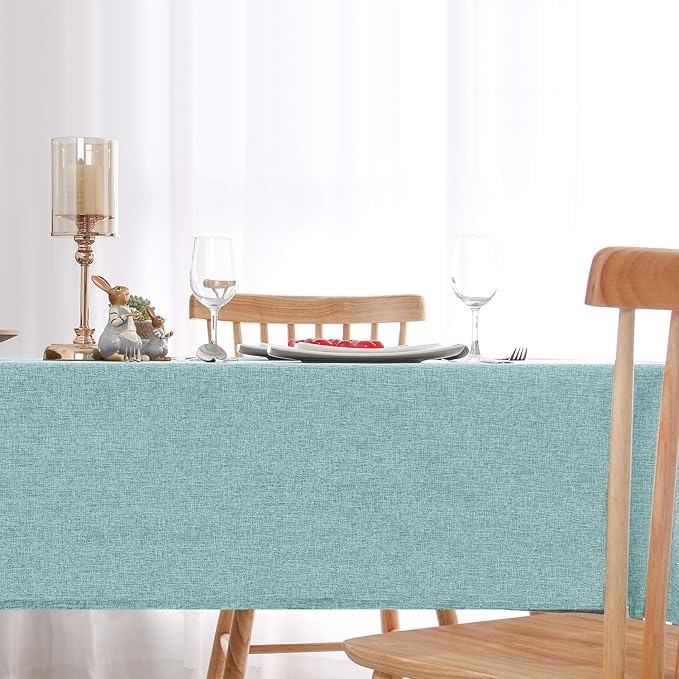 Hiasan Faux Linen Rectangle Tablecloth - Wrinkle and Stain Resistant Washable Table Cloth for Kitchen Dining Room Holiday Table Cover for Dinner, Aqua, 60 x 140 Inch
