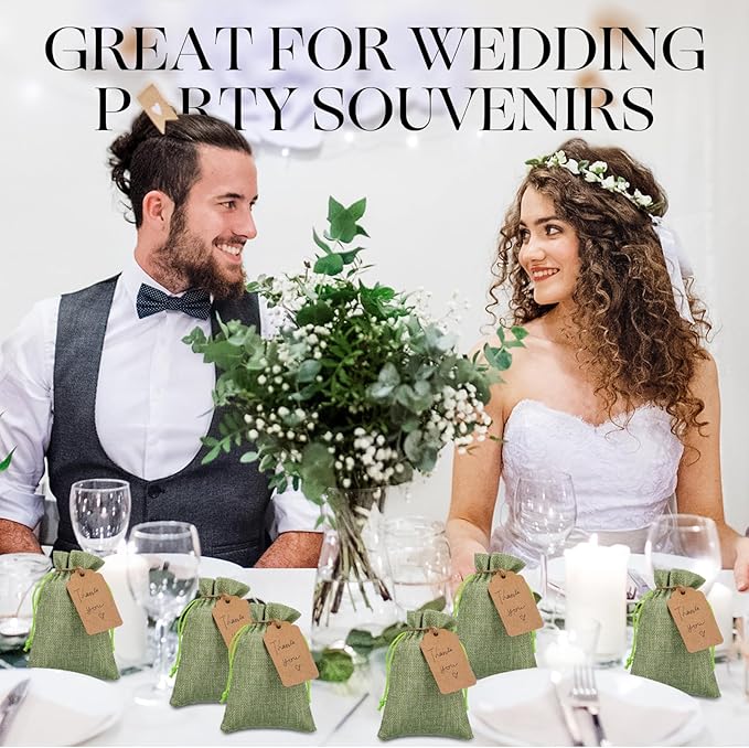Woanger 100 Pcs Burlap Gift Bags with 100 Pcs Kraft Paper Gift Tags with Drawstring Favor Bulk Burlap Sack Bags for DIY Wedding Party Craft(4 x 6 Inch,Sage Green)