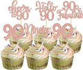 Gyufise 30pcs Happy 90th Birthday Cupcake Toppers - Rose Gold Glitter Ninety Cheers to 90 Years Old Cupcake Picks for Anniversary Party Cake Decorations