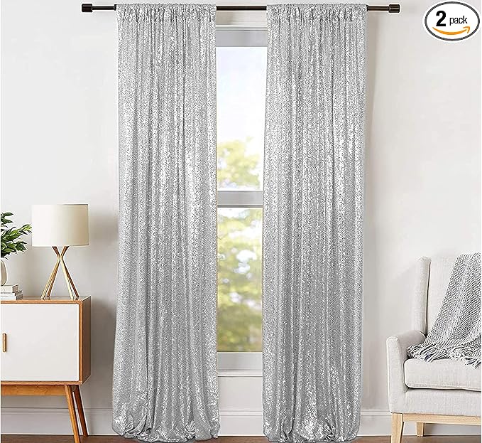 JYFLZQ Silver Sequin Backdrop Curtains 2ft x 8ft 2 Panel Glitter Photo Booth Backdrops Sparkly Photography Background Drapes for Parties Wedding Bridal Showers