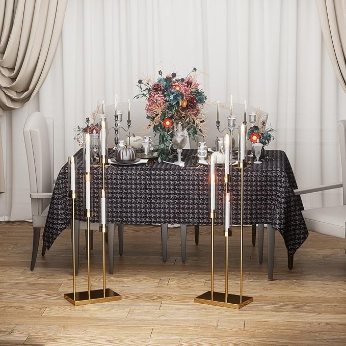 42.5'' Floor Candelabra 5 Arm Candelabra Centerpieces for Tables Gold Candle Sticks Holder 4 Set Tall Metal Candlestick with Acrylic Lampshades for Home Christmas Party (Square)