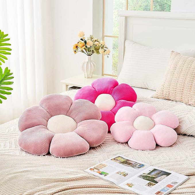 Pink Flower Pillow, 17.7" Cute Flower Shaped Floor Pillow, Aesthetic Floral Plush Daisy Decorative Throw Pillows for Bed Sofa Couch