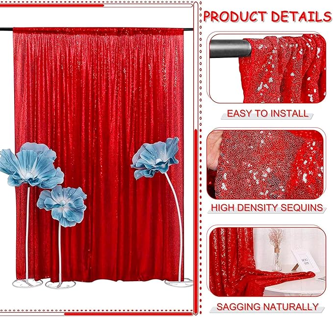 Red Sequin Curtains 2FTx8FT 4 Panels Red Sequin Backdrop for Parties Glitter Backdrop Photo Background for Wedding Baby Shower