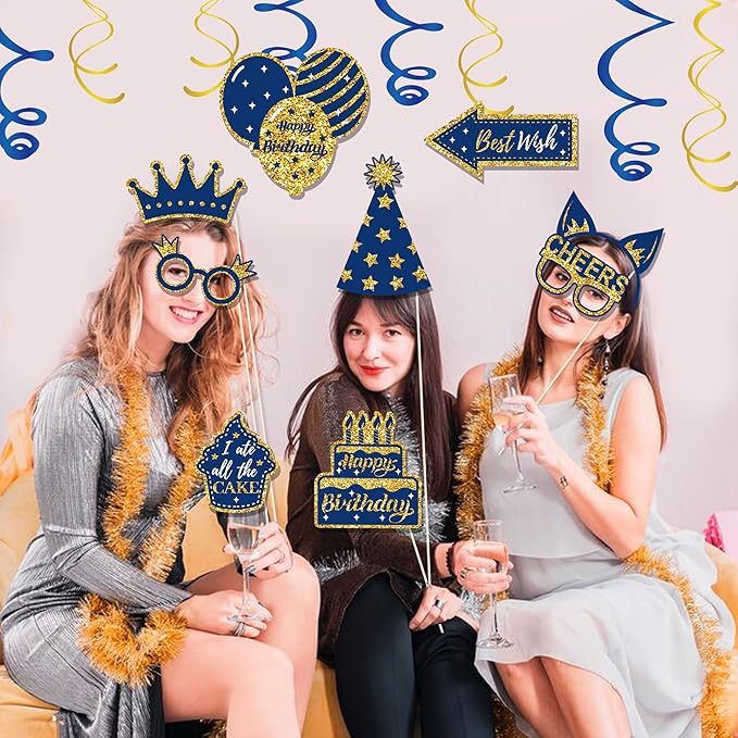 36 PCS Photo Booth Props Party Supplies Holiday Picture Decorations Blue Paper Photo Props for Birthday Party Favors Pose Sign Kit Fun