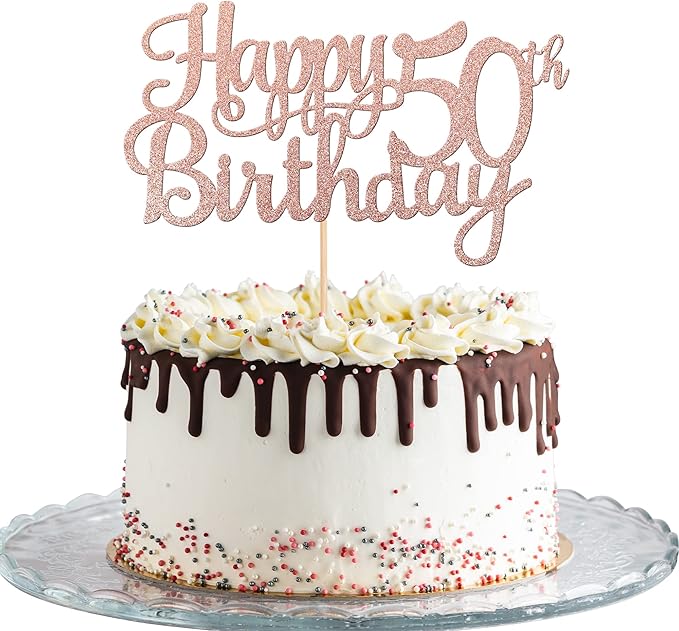 1 PCS Happy 50th Birthday Cake Topper Glitter Cheers to 50 Years Birthday Cake Pick 50 Fabulous Cake Decoration for Happy 50th Birthday Anniversary Party Decorations Supplies Rose Gold