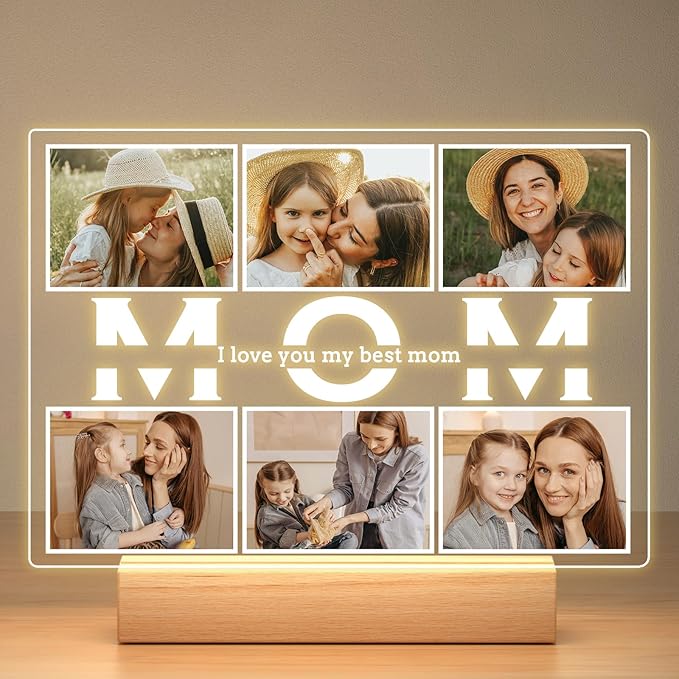 Personalized Birthday Gifts for Mom from Daughter Son, Custom Collage Picture Frames with Photos, Customized MOM Photo Frame with Night Light, Personalized Gifts for Mom Kids Baby Family