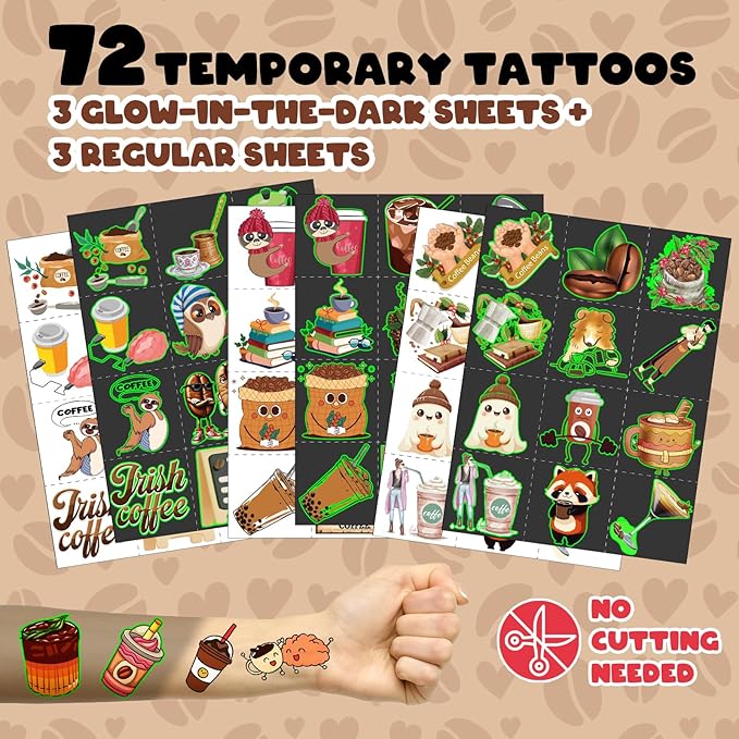 96 PCS Coffee Party Favors Set – 72 Pre-Cut Temporary Tattoos & 24 Slap Bracelets for Kids & Adults, Perfect for Coffee Lovers, Cafés, Birthday Parties & Classroom Rewards