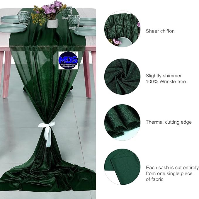 MDS 2 Pack 10ft Chiffon Table Runner 29 x 120 Inches Sheer Wedding Runner Romantic Rustic Table Runner for Wedding Decorations, Birthday Parties, Bridal Shower Party Arch Decor - Hunter Green