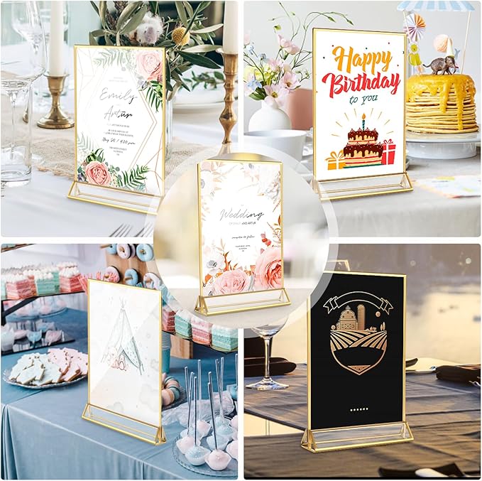 12 Pack Acrylic Sign Holder, 5x7 Inch Double-Side Gold Picture Frames Stands for Display, Vertical Table Top Sign Holders for Wedding, Party, Offices, Table Numbers, Home