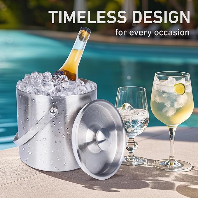 DREAMYO 3L Double Wall Insulated Stainless Steel Ice Bucket with scoop for Cocktail Bar,Metal Ice Bucket for freezer with Lid for parties.ice Container,bar cart accessories(Silver)