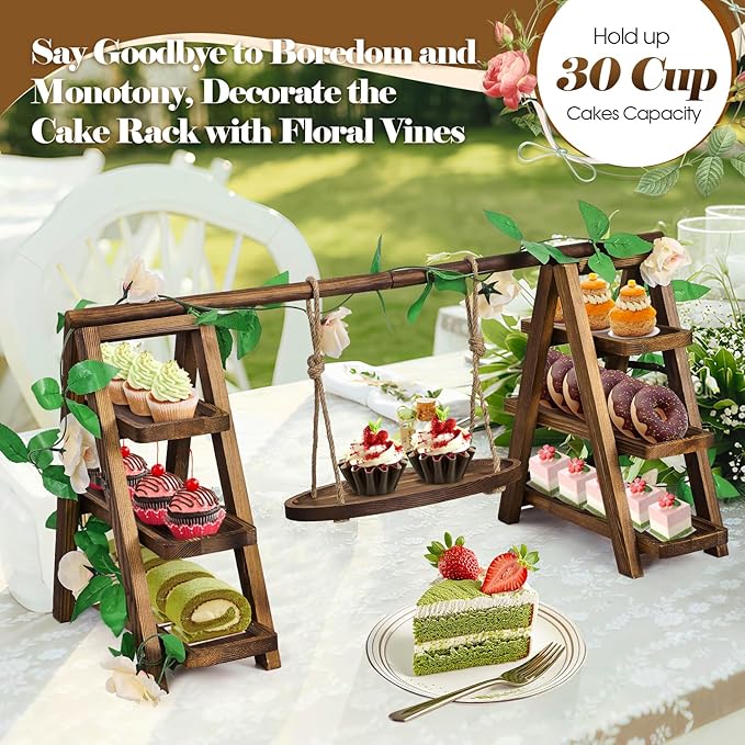 Wooden Cupcake Stand,3 Tier Cake Stands Party Food Display Serving Platter Tray Ladder Stand with Swing and Flower Decor,Rustic Dessert Table Display Set for Cake Fruit Donut Snack Cookie