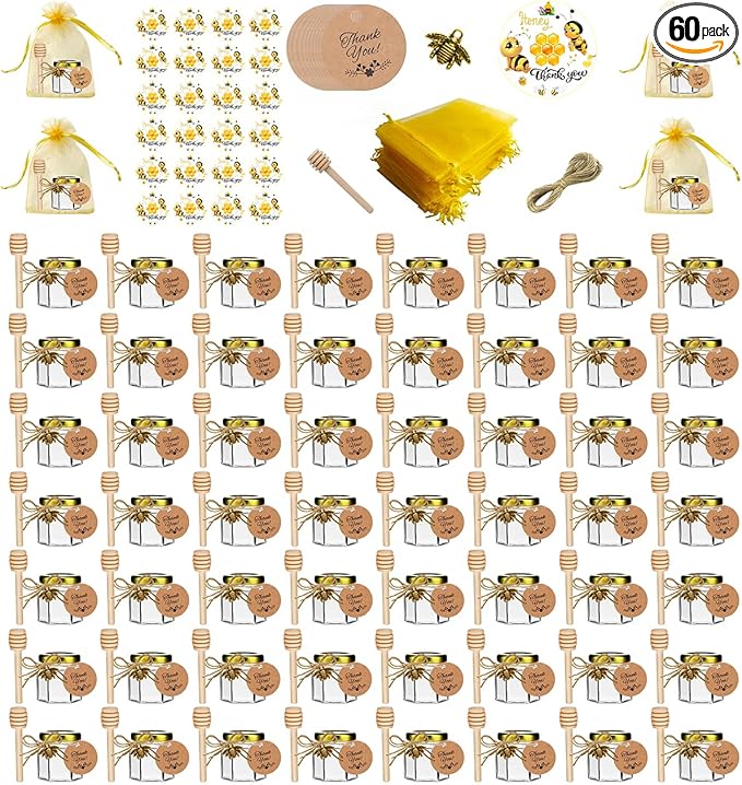 IIKUM 60 Pack 1.5 oz Hexagon Mini Glass Honey Jars with Wooden Dippers, Bee Pendants, Gift Bags, Thank You Cards, Jutes and Cute stickers- Perfect for Baby Shower, Wedding Favors and Party Favors