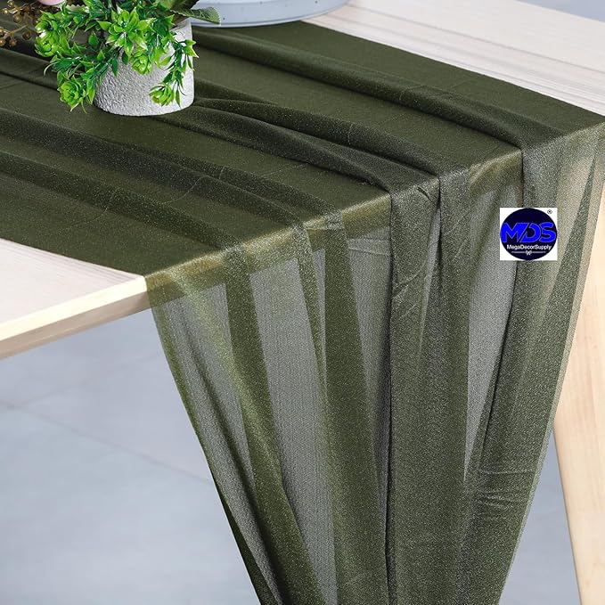 MDS Halloween Chiffon Table Runner - 20 Pack, 29 x 170 Inches, 14ft Each - Sheer Spooky Table Runners for Haunted House Parties, Trick-or-Treat Tables, Witchy Décor, Wedding & Events - Olive Green