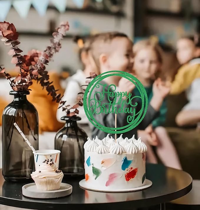 Happy Birthday Cake Topper - Green Glitter Happy Birthday Cake Decoration Supplies for Children or Adults - Happy Birthday Cake Bunting Decor, Photo Booth Props