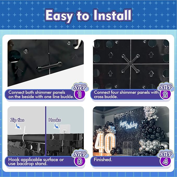 Qcity Black Shimmer Wall Backdrop 24PCS, Black Back Not See-Through Design, Square Sequin Glitter Backdrop Panel, Perfect for Outdoor Events, Birthdays, Wedding and Party Decoration