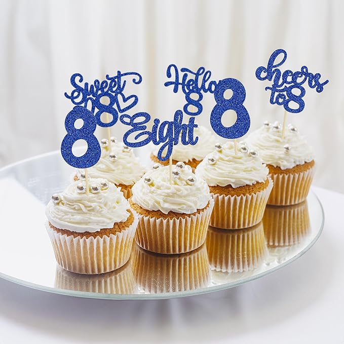 30Pcs 8th Birthday Cupcake Toppers Glitter Eight Hello 8 Cupcake Picks Cheers to 8 Years Old Cake Decorations for 8th Birthday Party Supplies Deep Blue