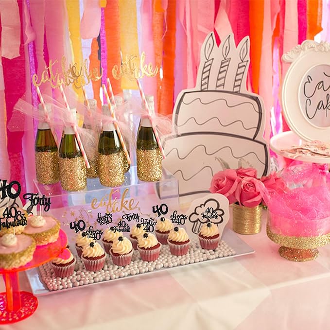 30pcs Happy 40th Birthday Cupcake Toppers - Black Glitter Forty Cheers to 40 Years Old Cupcake Picks for Anniversary Party Cake Decorations