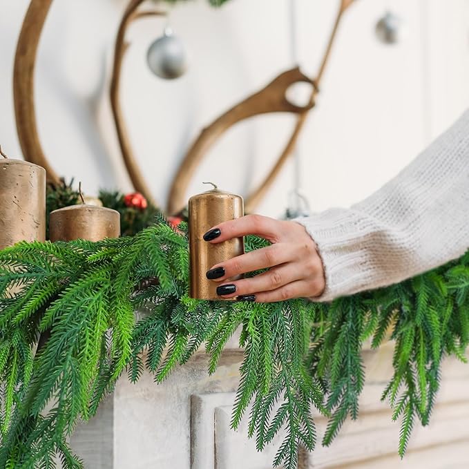 Jutom Christmas Norfolk Pine Garland Realistic Artificial Faux Greenery Cedar Garland for Mantle Holiday Indoor Outdoor Fireplace Winter Christmas Decorations(2 Pcs,9 Feet)