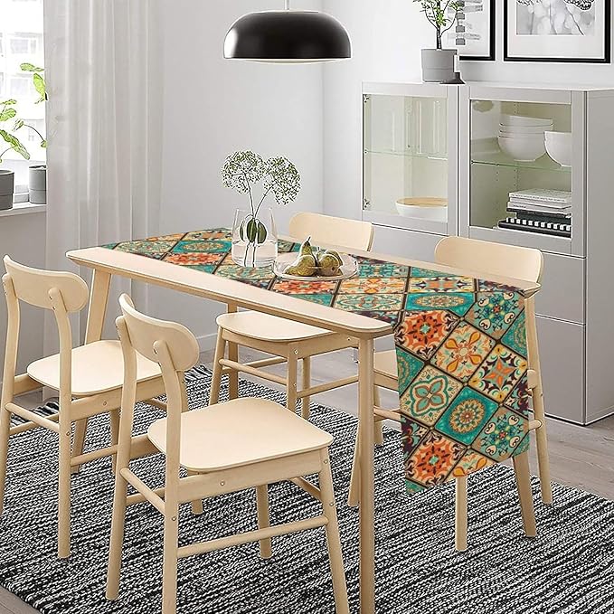 Bohemian Patchwork Table Runnerboho Colorful Tile Patchwork Indian Floral Print Table Runner for Home Kitchen Indoor Outdoor Party Wedding Decor, 13x90inch