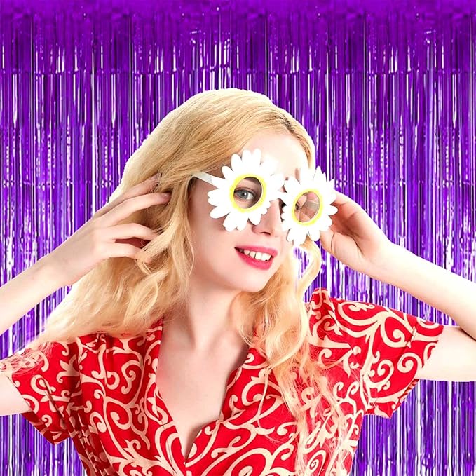 4 Pack Purple Foil Fringe Curtain Backdrop, 3.28Ft x 8.2Ft Metallic Tinsel Foil Fringe Streamer for Party, Photo Booth Props, Birthday, 2022 Graduation Decoration Party Supplies