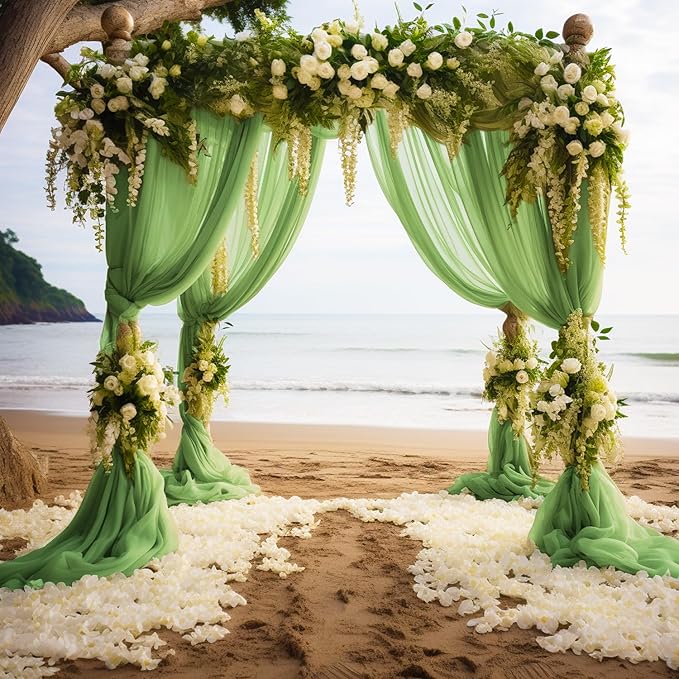 Wokceer Sage Green Wedding Arch Draping Fabric Backdrop 4 Panels 28.7" X 20FT Sheer Drapes Fabric for Wedding Arbor Ceremony Party