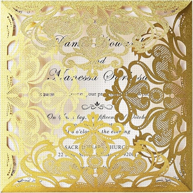 Hosmsua 6.3 x 6.3 Inch 50PCS Gold Glitter Laser Cut Wedding invitation Cards with Envelopes Hollow Lace Rose Invitation for Engagement Wedding Bridal Shower Invite (Gold Glitter)