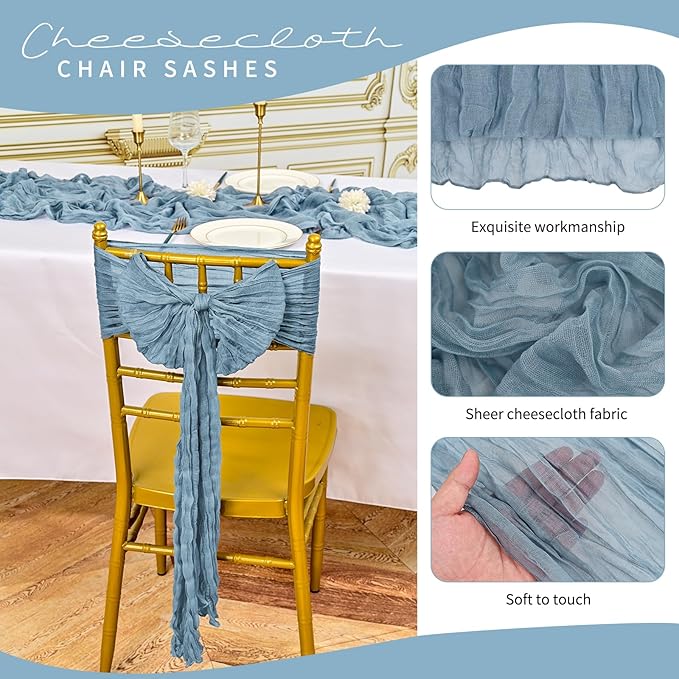 50 PCS Cheesecloth Chair Sashes, Bows Designed ChairSashes, 15.7x108 inch Chair Sashes for Aisle Decorations Universal Chairs Cover Decoration for Wedding Reception Party Banquet (Dusty Blue)
