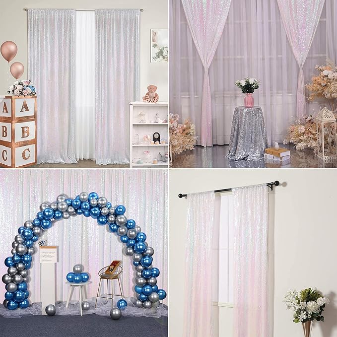 Iridescent White Sequin Photography Backdrop Curtains 8FTx8FT 1 Panel Sparkly Background Drapes for Party Birthday