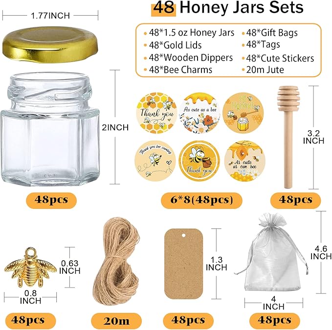 Aliggbent 48 Pack Mini Honey Jars Party Favors in Bulk, 1.5 oz Small Hexagon Glass Honey Jars with Dippers, Lids, Cute Stickers, Bee Charms, Gift Bags and Jute for Baby Showers, Weddings & Birthdays