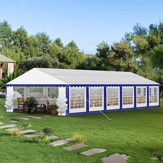 PHI VILLA 40 ft. x 20 ft. Large Outdoor Canopy Wedding Party Tent with Removable Side Walls & 7 Storage Bags, White with Blue Stripes
