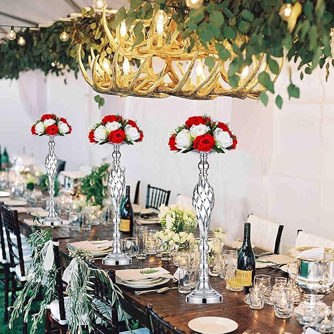 LANLONG 10pcs Metal Silver Candle Holders Road Lead Table Centerpiece Stand Pillar Candlestick for Wedding Candelabra Flowers Vases