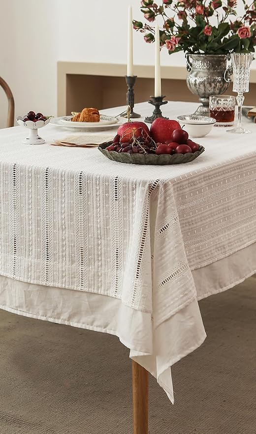 patdrea Designer Vintage Cotton White Lace Tablecloth for Rectangle Tables,French Country Cottage Embroidered Table Cloth Art Decor for Kitchen Wedding Patries Banquet Christmas,59"*83"