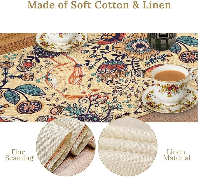 Vintage Paisley Table Runner, Boho Beige Paisley Flower Leaves Print Table Runner for Home Party Patio Indoor Outdoor, 13x70inch