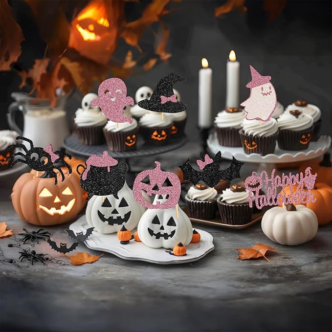 60Pcs Halloween Cupcake Toppers, Bat Pumpkin Ghost Cupcake Decorations for Halloween Party Supplies,Pink Multi Style1