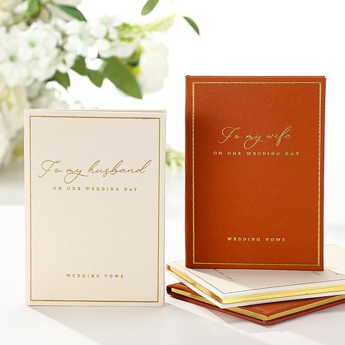 2 Pcs Wedding Vow Books His and Her to Husband Wife Wedding Must Have Registry Ideas Gold Foil Lined Page Premium Engagement Gift for Guest Groom Newly Engaged Couple(Brown-Beige)
