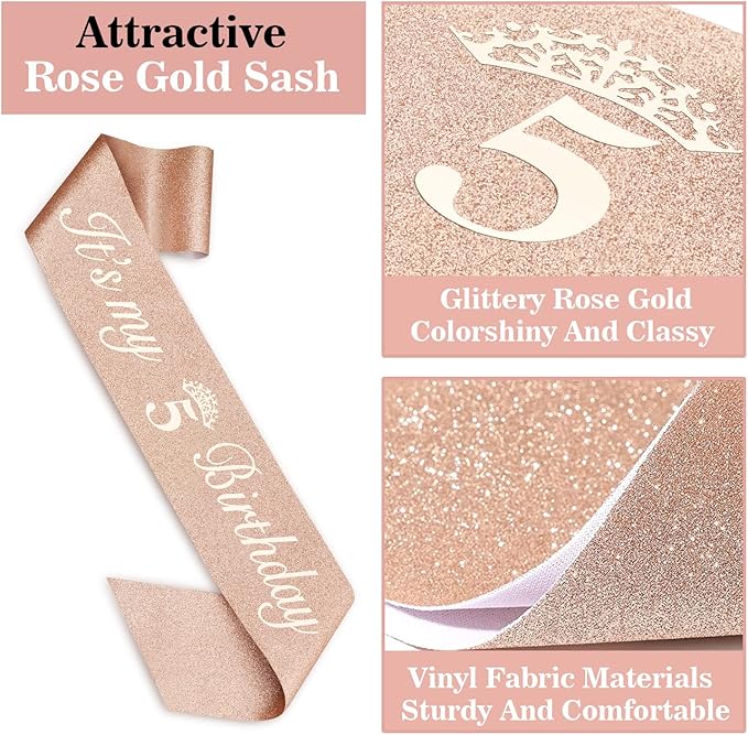 5th Birthday Decorations for Girls, Including Sash, Crown/Tiara, Candles, Cake Topper, 5th Birthday Gifts for Girls