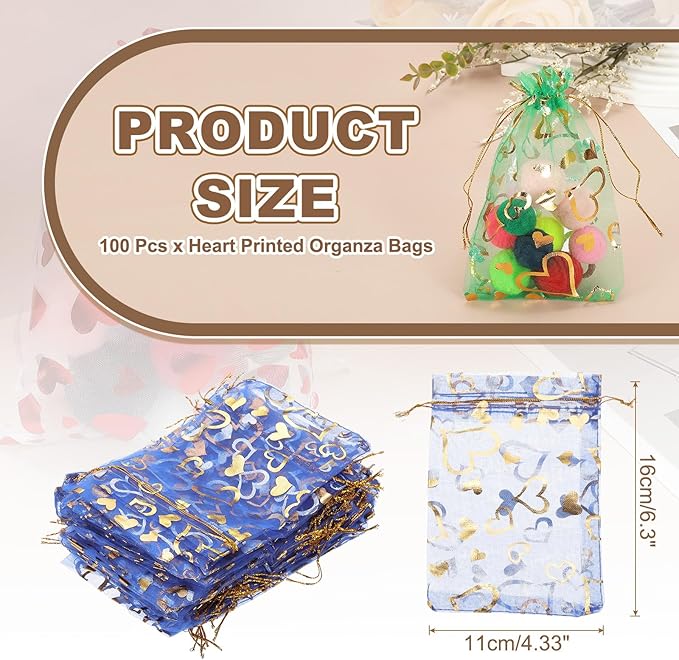 PATIKIL 100 Pcs 4x6 Inch Heart Printed Organza Bags, Navy Blue Sheer Heart Organza Bags with Drawstring for Christmas Candy Jewelry Party Wedding Favor Gift