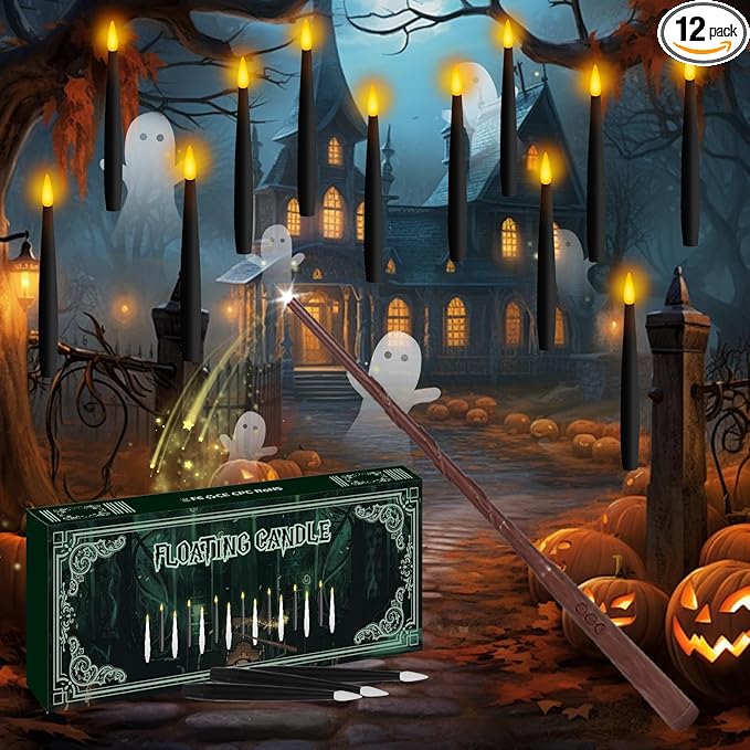 NURADA Floating Candles with Wand Remote Timer - Magic LED Hanging Flameless Taper Candles Flickering Battery Operated for Halloween Birthday Theme Party Holiday Home Window Decor - Black 12 Pack