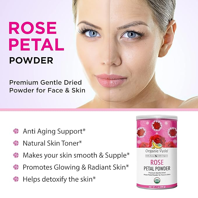 Organic Veda Edible Rose Petal Powder - Organic Rose Petal Powder for Cooking, Herbal Tea, Smoothies, Toppings - Natural Rose Petal Powder for DIY Face Masks, Skin & Hair Care - Vegan, No Gluten - 7oz
