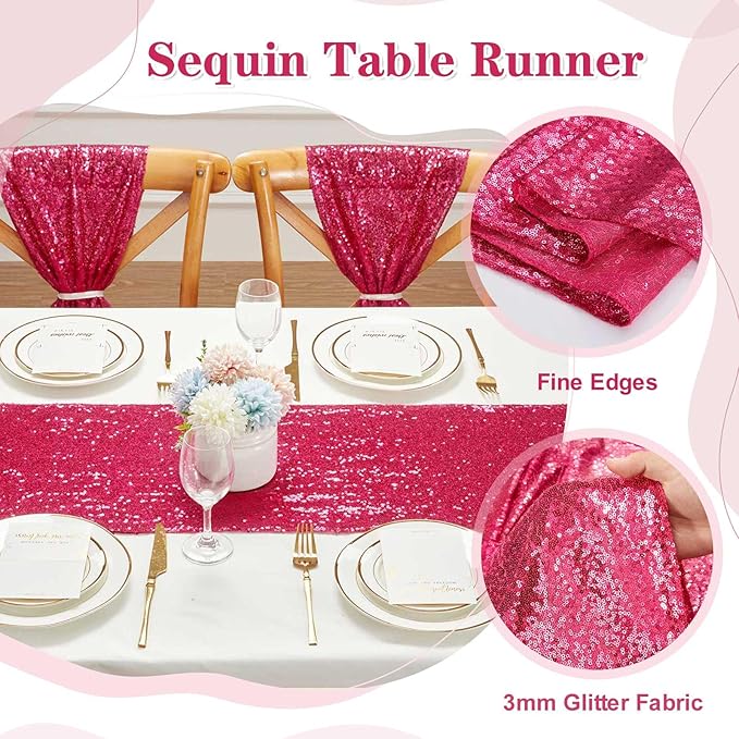 Fuchsia Table Runners 10 Pieces 12x72 Inches Sequin Glitter Table Runner for Birthday Party Baby Shower Holiday Event Table Decorations