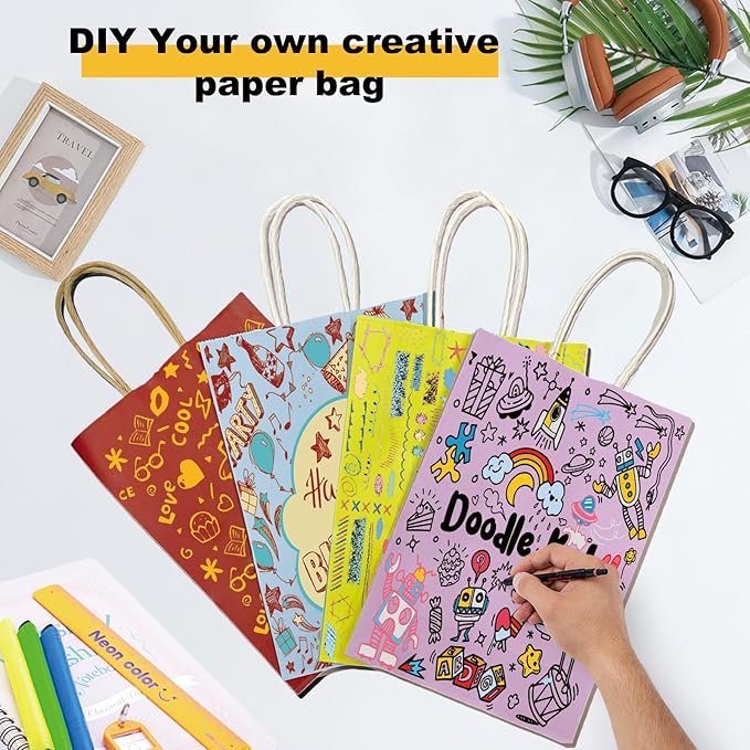 BAG BOX 100 Pack 8.3 * 4.3 * 10.6 Inch Purple Gift Bags with Handles,Bulk Kraft Paper Bags for Shopping, Retail, Merchandise, Wedding, Party Favors, Paper Grocery Sacks