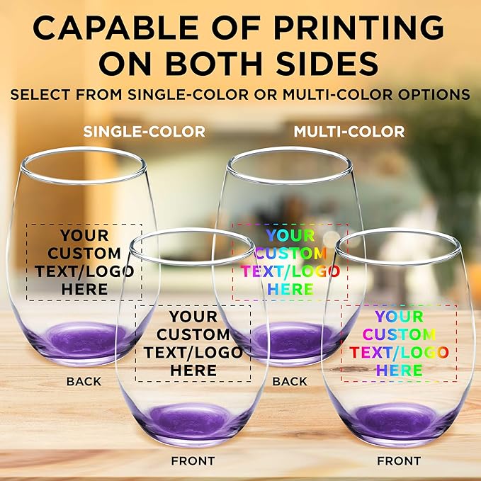 Custom Stemless Wine Glass 9 oz. Set of 10, Personalized Bulk Pack - Great for Wedding Favors, Bachelorette Party Decorations, Party Favors, Color Bottom - Purple