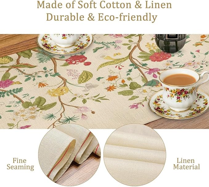 Floral Table Runner, Vintage Birds Wildflowers Herbs Nature Theme Linen Long Table Kitchen Dining Table Holiday Party Decorative Table Runner,13in（33cm） W * 36in（92cm） L